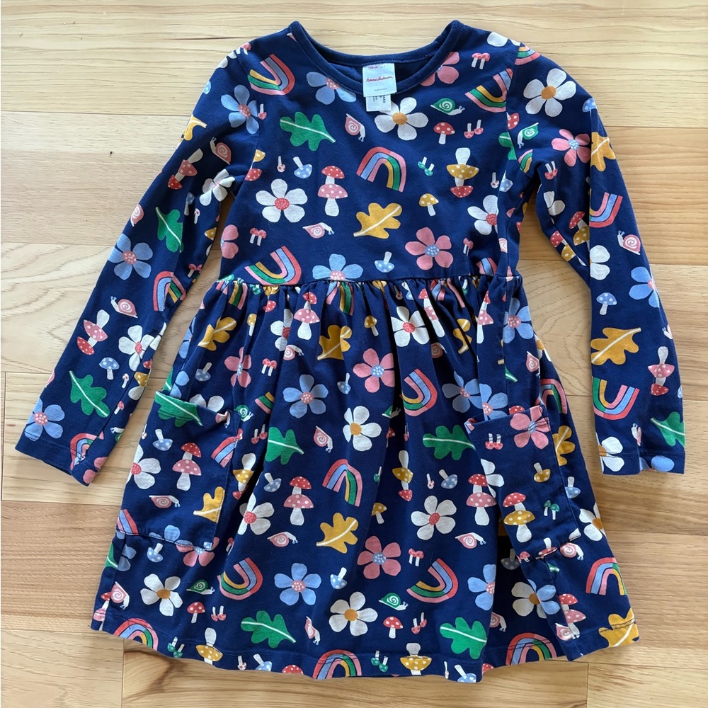 Hanna Andersson Navy Dress with Colorful Patterns